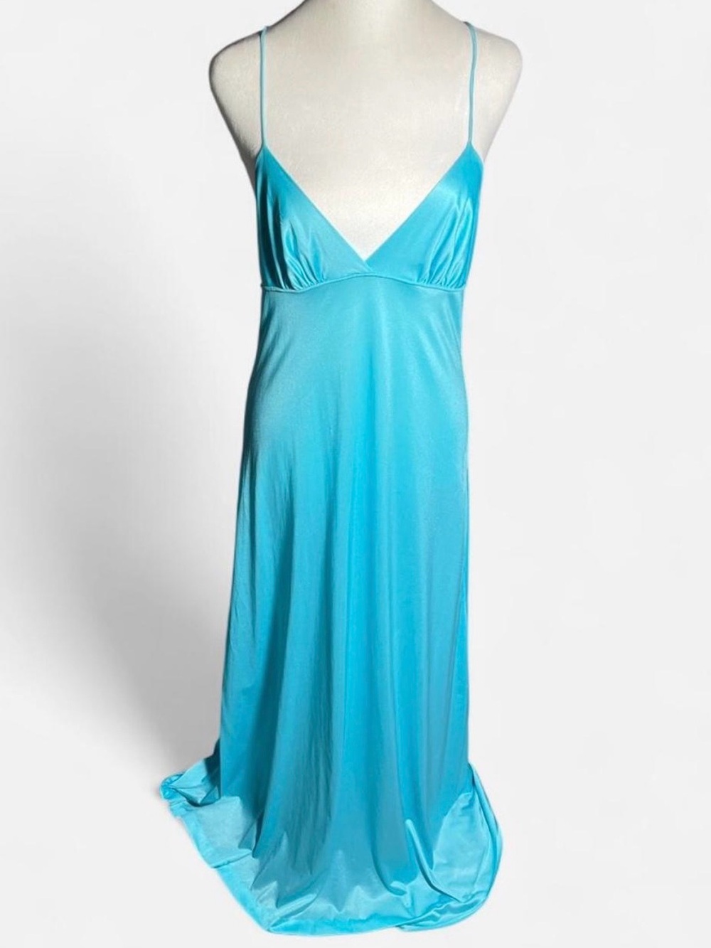 Vtg 70s Satin Slip Maxi Dress in Aqua Blue